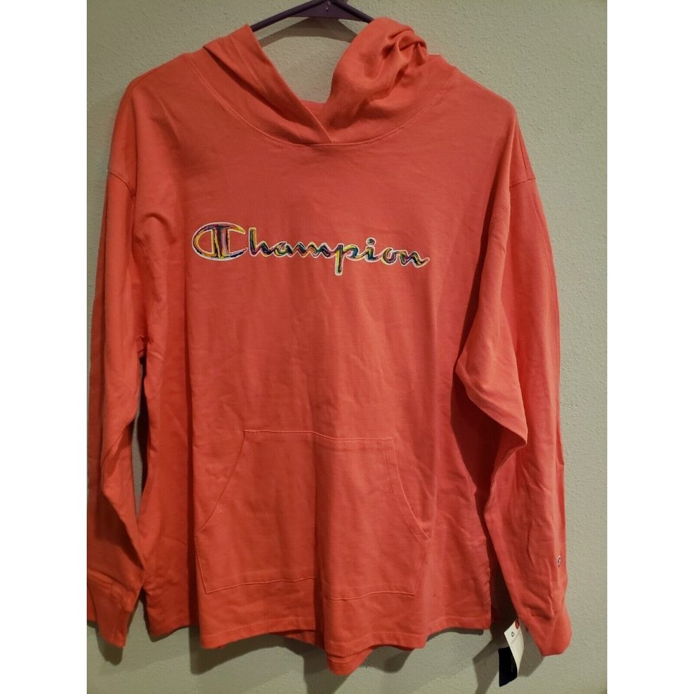 NWT Champion‎ Women's Middleweight  Pink Hoodie, colorful Script Logo sz. L